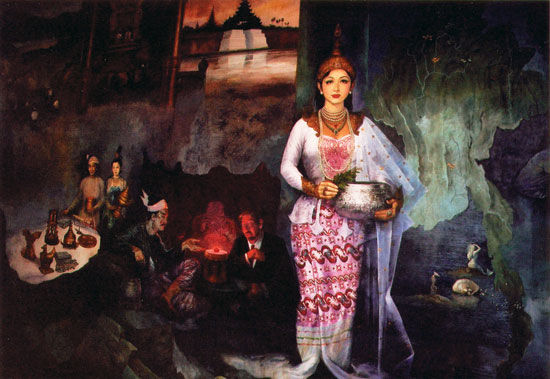 缅甸宝石博物馆馆藏壁画：佩戴翡翠项链的缅甸。